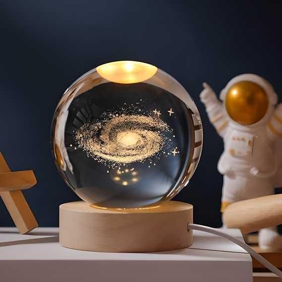 3D Engraved Deer Crystal Globe Lamp | USB LED Night Light with Wooden Base | Creative 6 cm Crystal Ball Table Lamp for Bedroom, Home, Office Décor & Gifting (Warm White)