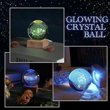 3D Engraved Deer Crystal Globe Lamp | USB LED Night Light with Wooden Base | Creative 6 cm Crystal Ball Table Lamp for Bedroom, Home, Office Décor & Gifting (Warm White)