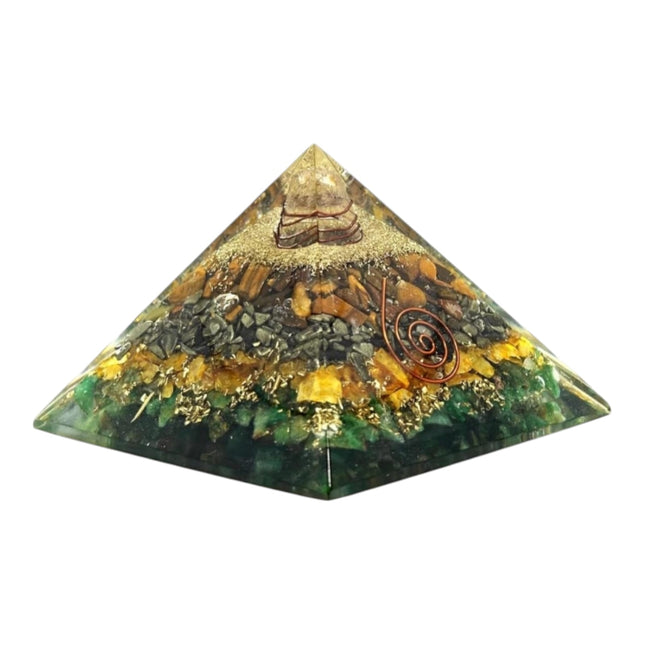 DHVANI Original Money Magnet Crystal Pyramid with Tiger Eye, Pyrite, Green Aventurine & Citrine for Vastu Money Wealth Good Luck and Prosperity 3inch (Pack of 1)